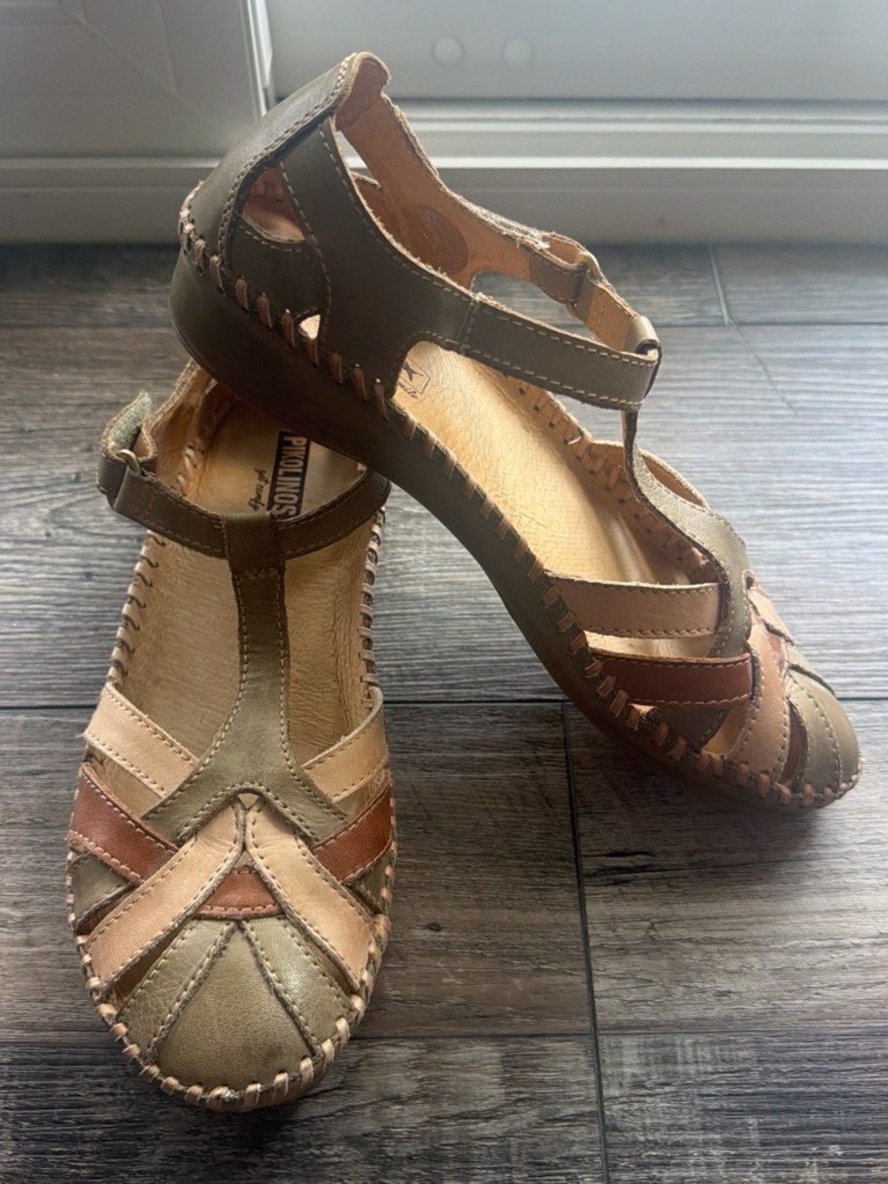 PIKOLINOS Olive, Tan and Brown Leather T-Strap Sandals